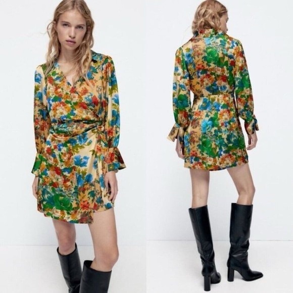 Zara Dresses & Skirts - Zara Floral Mini Wrap Dress Satin Effect Blue Green Brown Bell sleeves Sz XS